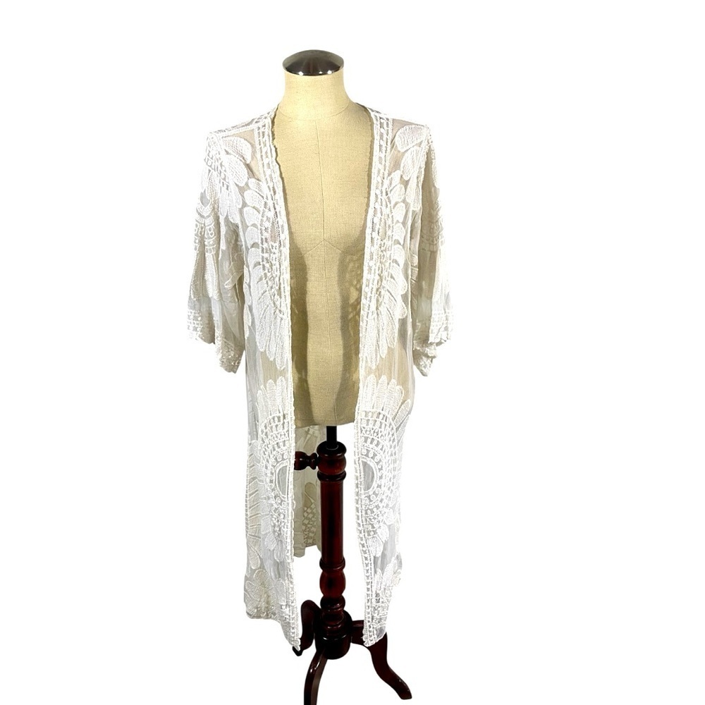 Rebellion Ivory Floral Lace Long Cardigan Kimono Size Large
